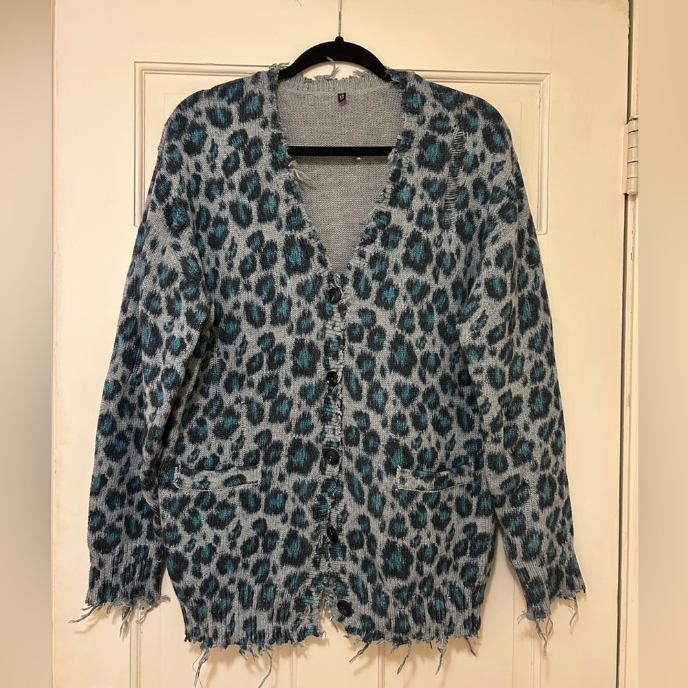 R13 Distressed Blue and Gray Leopard Cardigan